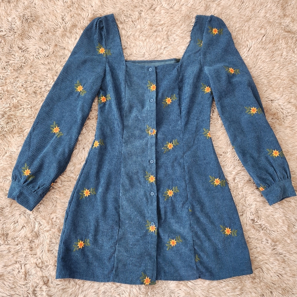 Cider Blue Corduroy Mini Dress with Yellow Floral Embroidery